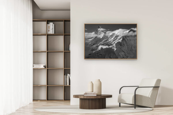 modern apartment decoration - art deco design - Finsteraarhorn - black and white picture of a mountain glacier in the bernese alps in Switzerland