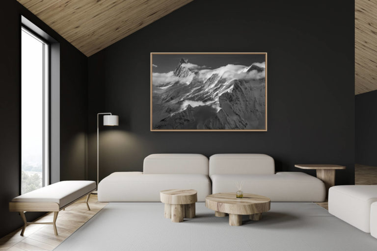 décoration chalet suisse - intérieur chalet suisse - photo montagne grand format - Finsteraarhorn - photo noir et blanc d'un glacier de montagne dans les Alpes Bernoises en Suisse