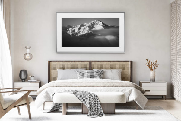 decorating a room in a renovated Swiss chalet - panoramic mountain photo - Fletschhorn photo - Fletschorn hanging glaciers - Saas-Fee mountain in black and white - Fletschorn east face seen from the Aletsch region