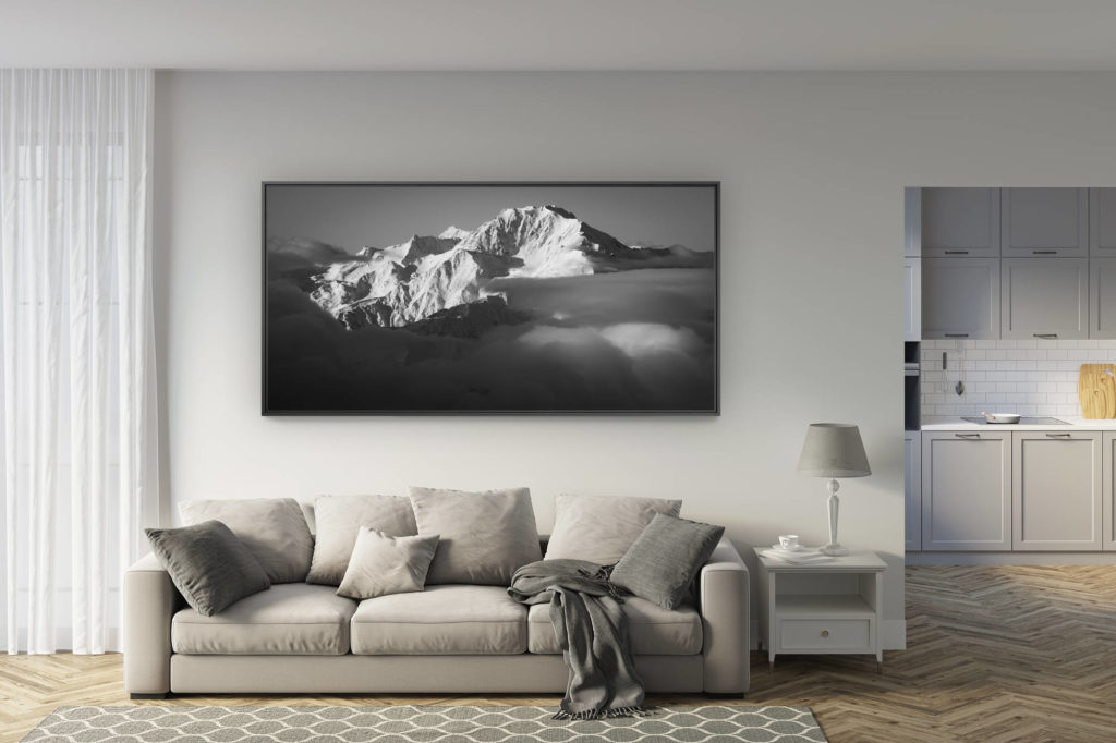 déco salon rénové - tendance photo montagne grand format - Photographie du Fletschhorn - Glaciers suspendus du Fletschorn - Montagne de Saas-Fee noir et blanc - Fletschorn face Est vu depuis la région d'Aletsch