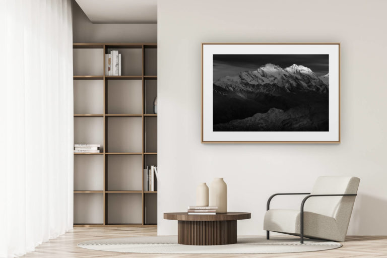 déco tendance salon moderne - photo montagne noir et blanc grand format - Photo vallée de Saas-Fee - Image montagne Valais Suisse Alpes - Fletschhorn - Lagginhorn