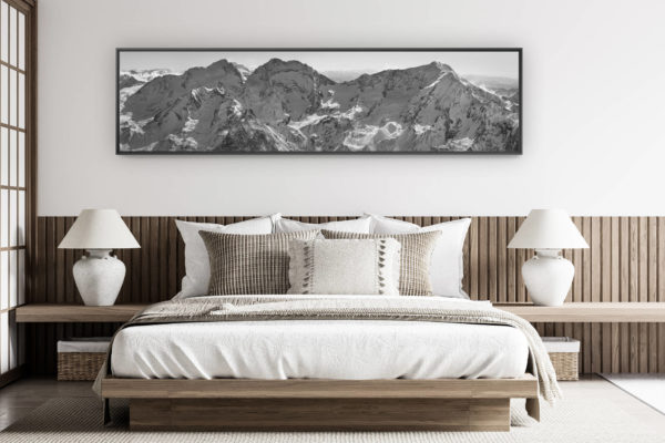 modern adult bedroom decoration - large mountain photo - panoramic photo Fletschhorn - Black and white panorama Lagginhorn - Weissmies