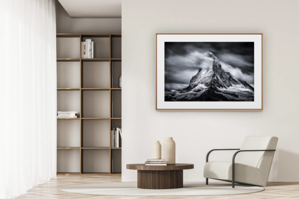 déco tendance salon moderne - photo montagne noir et blanc grand format - Image Vallée de Zermatt Valais Suisse - Matterhorn - Frozen peak