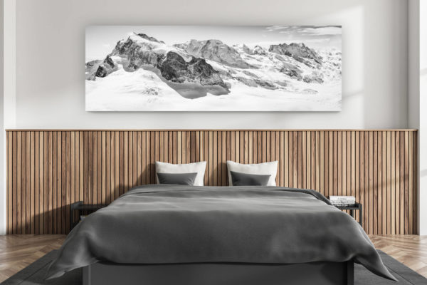 moderne Wanddekoration Erwachsenenzimmer - Inneneinrichtung Schweizer Chalet - großformatiges Bergfoto Schweizer Alpen - Zermatt Monte rosa Panorama - Fotoabzug und Rahmen von den Gipfeln der Schweizer Alpen - Breithorn - Lyskamm, Castor und Pollux