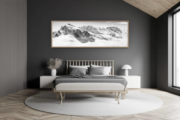 décoration chambre adulte moderne dans petit chalet suisse- photo montagne grand format - Zermatt Monte rosa panorama - tirage photo et encadrement des sommets des Alpes Suisses - Breithorn - Lyskamm, Castor et Pollux