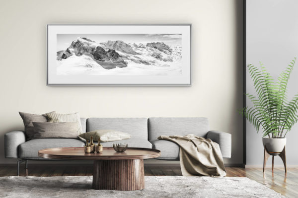 tableau montagne grand format - décoration murale salon moderne - Zermatt Monte rosa panorama - tirage photo et encadrement des sommets des Alpes Suisses - Breithorn - Lyskamm, Castor et Pollux
