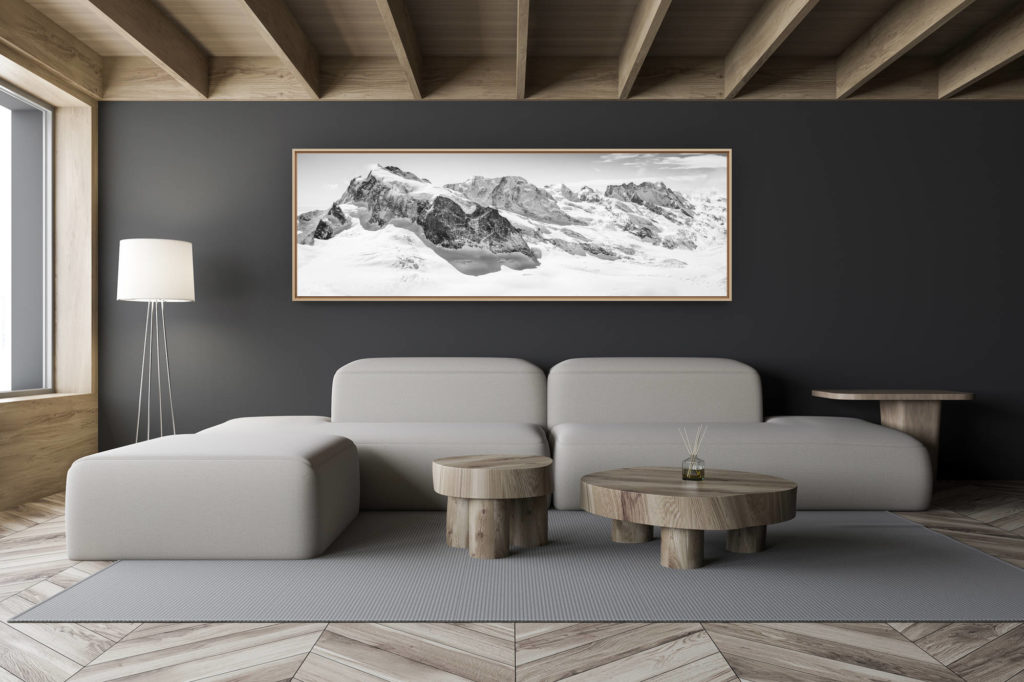 décoration salon chalet moderne - intérieur petit chalet suisse - photo montagne noir et blanc grand format - Zermatt Monte rosa panorama - tirage photo et encadrement des sommets des Alpes Suisses - Breithorn - Lyskamm, Castor et Pollux