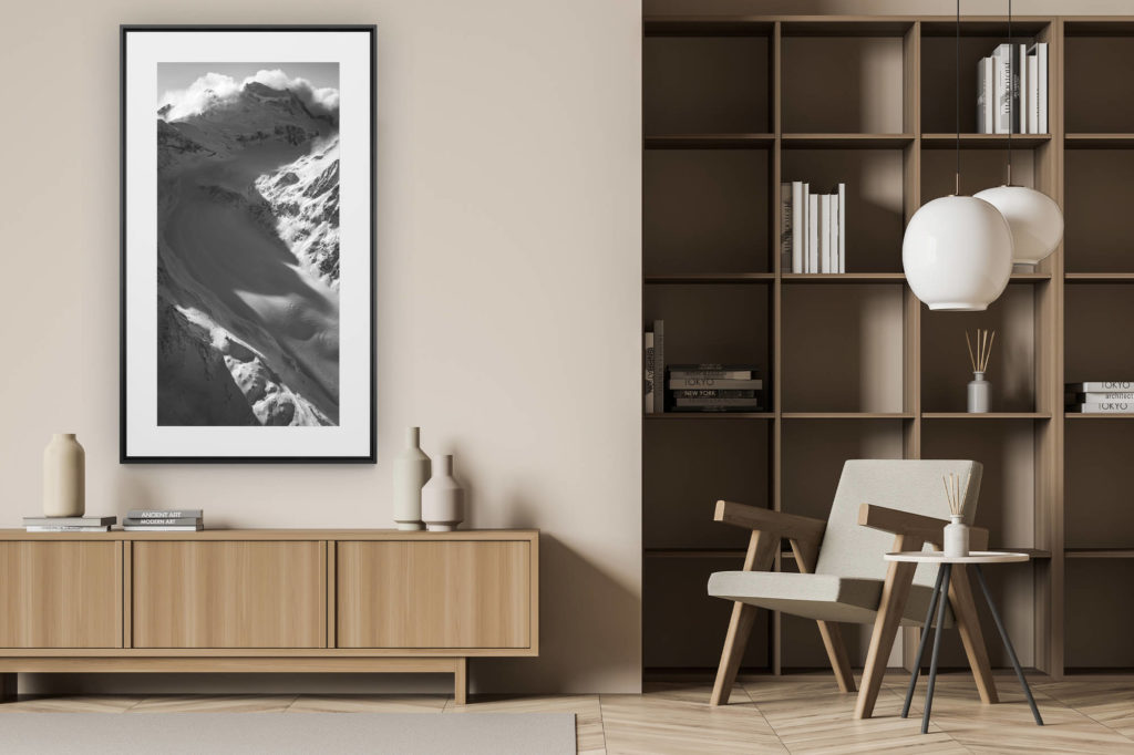 décoration murale verticale dans intérieur moderne bois - photo montagne noir et blanc - Glacier de Corbassière - photo de montagne noir et blanc a imprimer