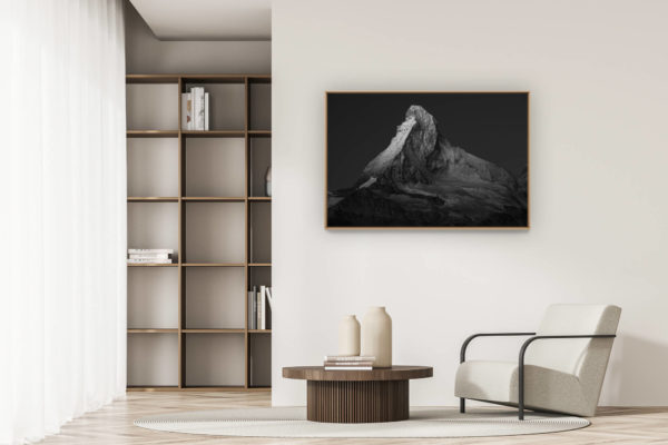 moderne Wohnungsdekoration - Art Deco Design - Schwarz-Weiß-Bergfoto - Fotografie des Matterhorns - schneebedeckter Berg