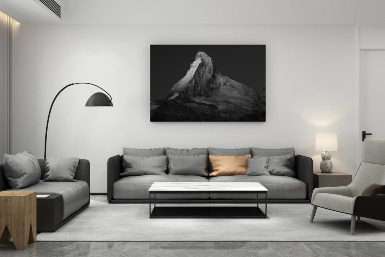 décoration salon contemporain suisse - cadeau amoureux de montagne suisse - photo de montagne noir et blanc - photographie du Cervin - montagne enneigée