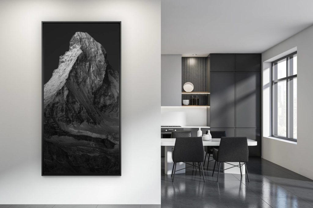 contemporary kitchen decoration - large black and white mountain picture - The Matterhorn Matterhorn - Snowy and rocky mountain landscape picture in black and white in the Swiss Alps - Vertical mountain