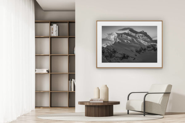 déco tendance salon moderne - photo montagne noir et blanc grand format - Photo de montagne dans le Verbier Suisse - image de montagne enneigée en noir et blanc