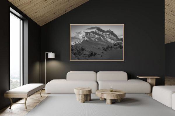 décoration chalet suisse - intérieur chalet suisse - photo montagne grand format - Photo de montagne dans le Verbier Suisse - image de montagne enneigée en noir et blanc