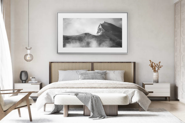 decorating a room in a renovated swiss chalet - large format panoramic mountain photo - Grand Combin - hd mountain photo of summits of the Alps in black and white with a sea of misty clouds after a snow storm
