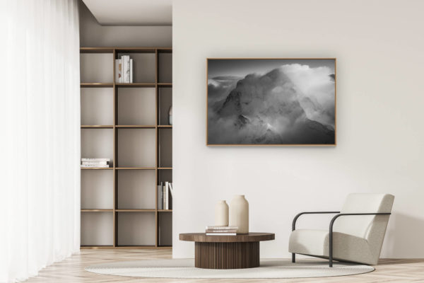 decoration modern apartment - art deco design - Sea of clouds on the summits snowy black and white mountains of the Swiss Alps of Grand Combin  Verbier