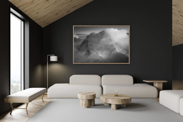 décoration chalet suisse - intérieur chalet suisse - photo montagne grand format - Mer de nuage sur les sommets enneigés noir et blanc du Grand Combin des montagnes des Alpes Suisses de Verbier