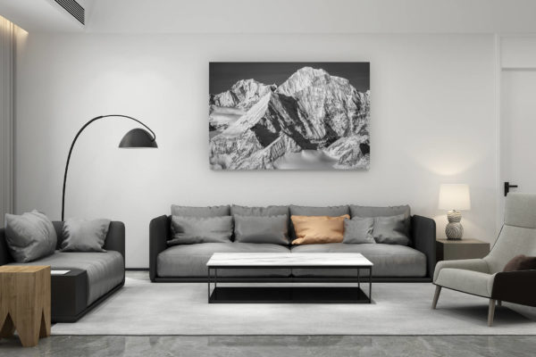 décoration salon contemporain suisse - cadeau amoureux de montagne suisse - Grand Combin Himalaya- photo massif mont blanc noir et blanc après une tempête de neige en montagne