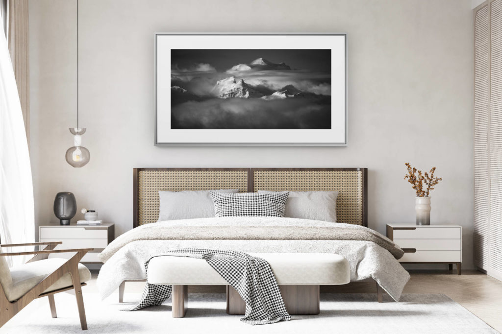 déco chambre chalet suisse rénové - photo panoramique montagne grand format - Montagne panorama - Photo noire et blanc à encadrer du Grand Combin - Le Pleureur - La Sâle