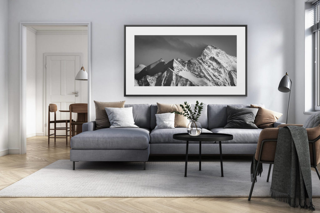 décoration intérieur salon rénové suisse - photo alpes panoramique grand format - tableau photo noir et blanc de montagne à encadrer pour déco d'intérieur - Grand Cornier et sommets du val d'Hérens - Tsa de l'Ano, les Pointes de Mourti et Pointe de Bricola