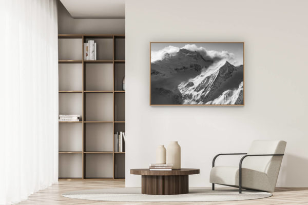 modern apartment decoration - art deco design - Grand Combin and Combin de Corbassière - black and white photo of high mountain verbier