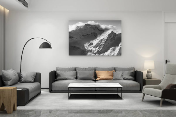 décoration salon contemporain suisse - cadeau amoureux de montagne suisse - Grand Combin et Combin de Corbassière - photo noir et blanc de haute montagne verbier