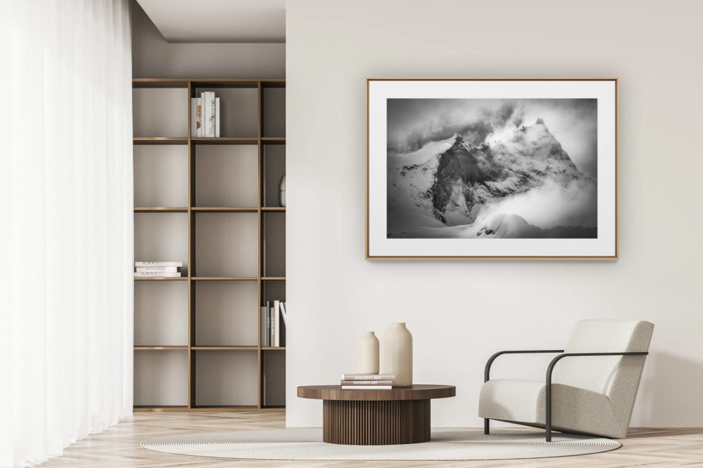 déco tendance salon moderne - photo montagne noir et blanc grand format - Photo de montagne Weisshorn - Grand gendarme - val d'Anniviers