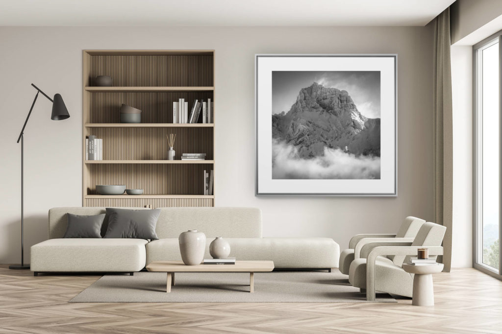 décoration chalet suisse - intérieur chalet suisse - photo montagne grand format - Grand Muveran - Image de montagne noir et blanc après une tempête de neige en hiver - Villars-sur-Ollon