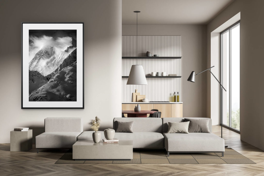 deko trend wohnzimmer modern - großformatiges schwarz-weiß bergfoto - Val d&#039;hérens - gipfel der schweizer alpen - Grande Dent de Veisivi
