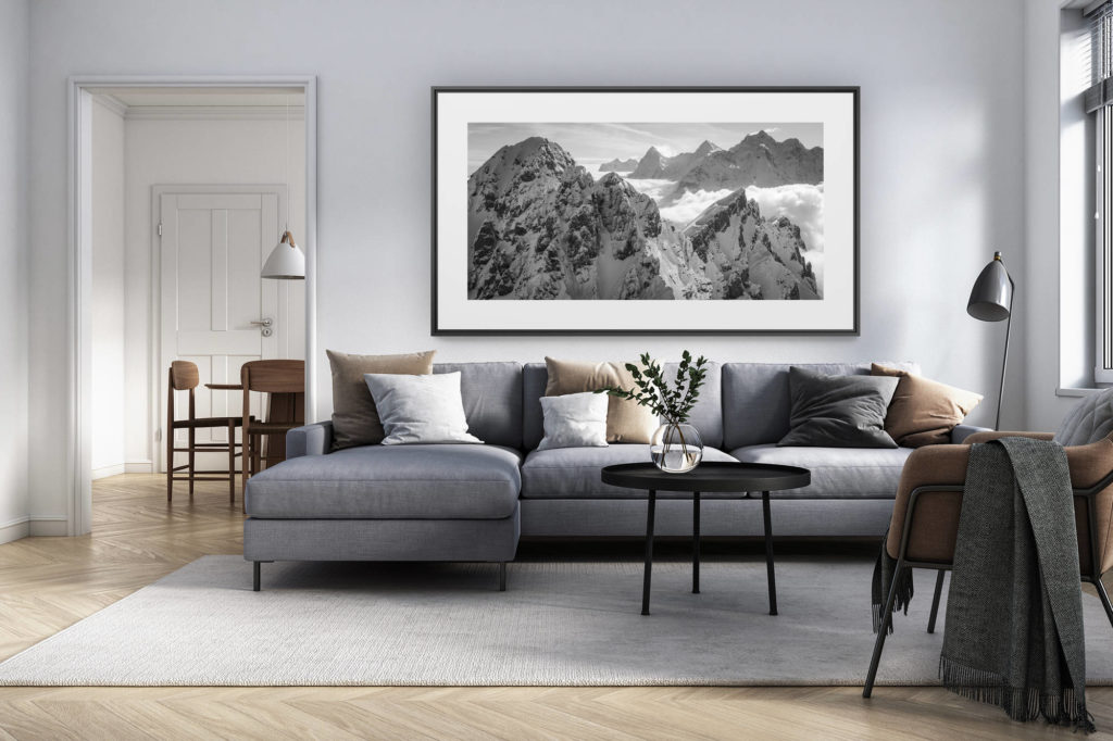 décoration intérieur salon rénové suisse - photo alpes panoramique grand format - photo des montagnes des alpes bernoises sous la neige à Gspaltenhorn - Eiger - Monch - Jungfrau