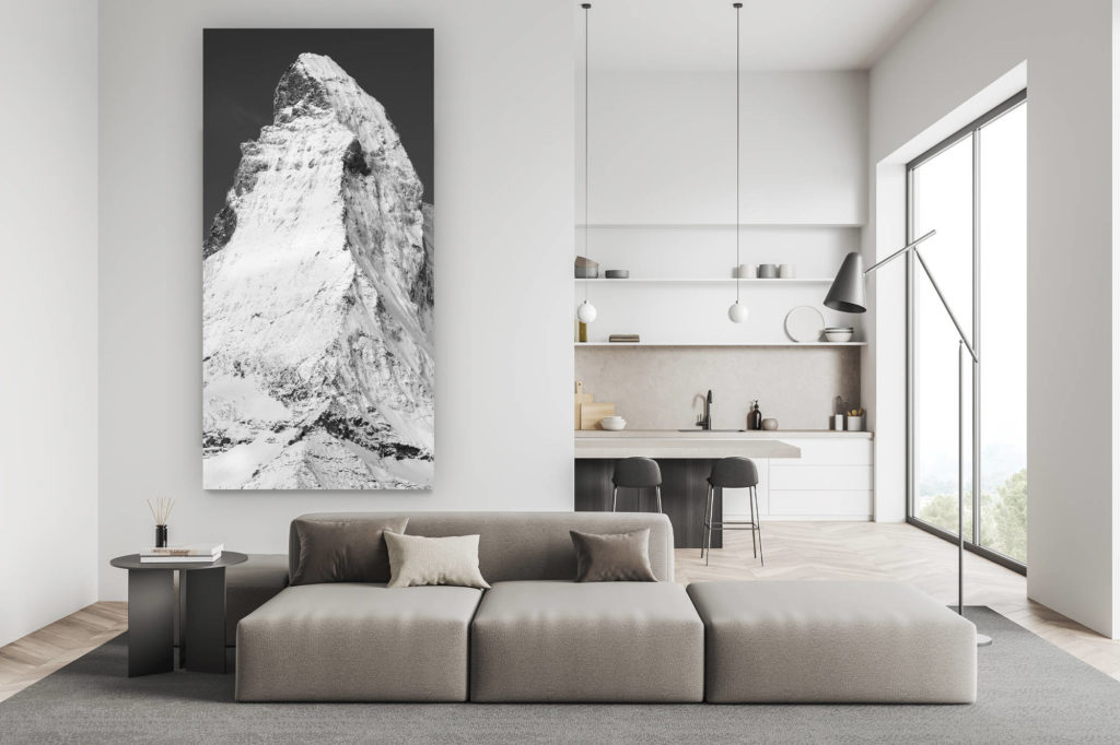 swiss living room decoration - black and white mountain picture - Arete de Hornli - Matterhorn - panoramic portrait of the peak and the summit of a mountain in the Swiss Alps