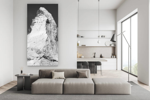 swiss living room decoration - black and white mountain picture - Arete de Hornli - Matterhorn - panoramic portrait of the peak and the summit of a mountain in the Swiss Alps