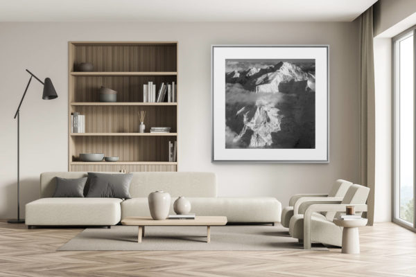 swiss chalet decoration - swiss chalet interior - large size mountain picture - mont blanc massif black and white - bionnassay glacier - mont blanc normal route
