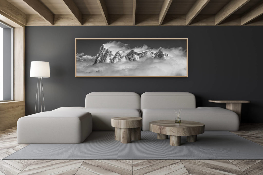 décoration salon chalet moderne - intérieur petit chalet suisse - photo montagne noir et blanc grand format - Photos massifs du Mont Blanc dans les Alpes - Jorasses Group