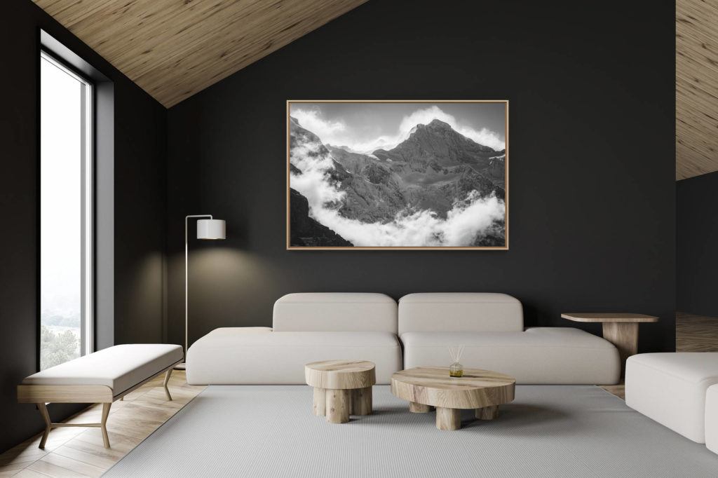swiss chalet decoration - swiss chalet interior - large mountain picture - Jungfrau - black and white mountain range - Mountain in the mist under the sun bernese alps in Switzerland