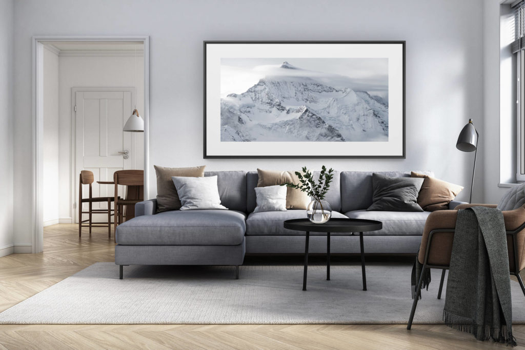 décoration intérieur salon rénové suisse - photo alpes panoramique grand format - Jungfrau - image d un paysage de montagne - photo de montagne noir et blanc a imprimer