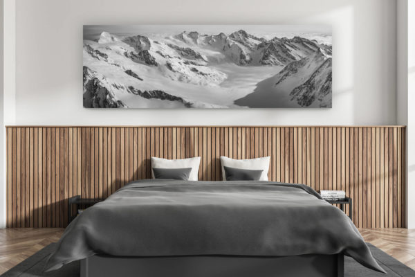 modern adult bedroom wall decor - swiss chalet interior - large size mountain picture swiss alps - Konkordiaplatz - Panoramic black and white snow mountain view in the bernese alps in Switzerland