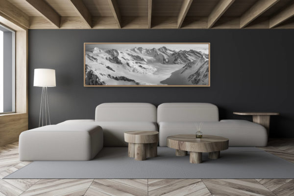 décoration salon chalet moderne - intérieur petit chalet suisse - photo montagne noir et blanc grand format - Konkordiaplatz -Vue panoramique de montagne de neige en noir et blanc dans les Alpes Bernoises en Suisse