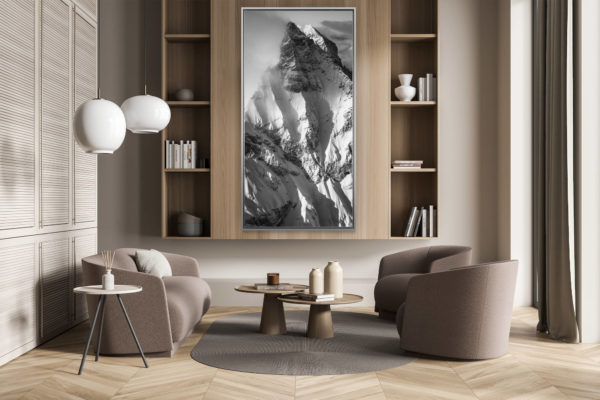 décoration salon suisse amoureux montagne - décoration murale verticale - La Cîme de l'Est Dents du midi - photo d art montagne noir et blanc