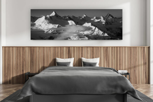wall decoration adult room modern - interior swiss chalet - mountain picture large size swiss alps - mountain picture swiss valais - mountain picture black and white alps - mountain panorama picture sunset