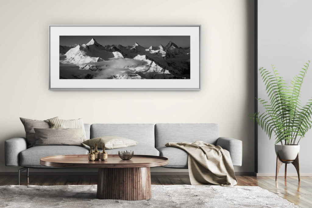 tableau montagne grand format - décoration murale salon moderne - Image montagne Valais suisse - Photo de montagne en noir et blanc Alpes - tableau panorama montagne - photo montagne coucher de soleil
