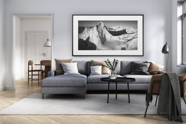décoration intérieur salon rénové suisse - photo alpes panoramique grand format - Image montagne noir et blanc les dents blanches alpes - ombre de montagne - sommet de montagne