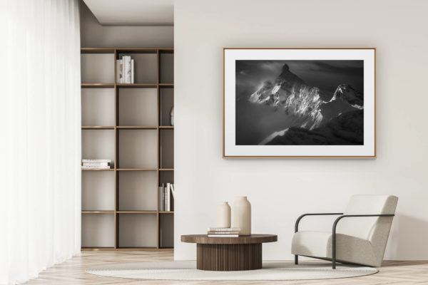 déco tendance salon moderne - photo montagne noir et blanc grand format - photo pointe percée - photo sommet aravis