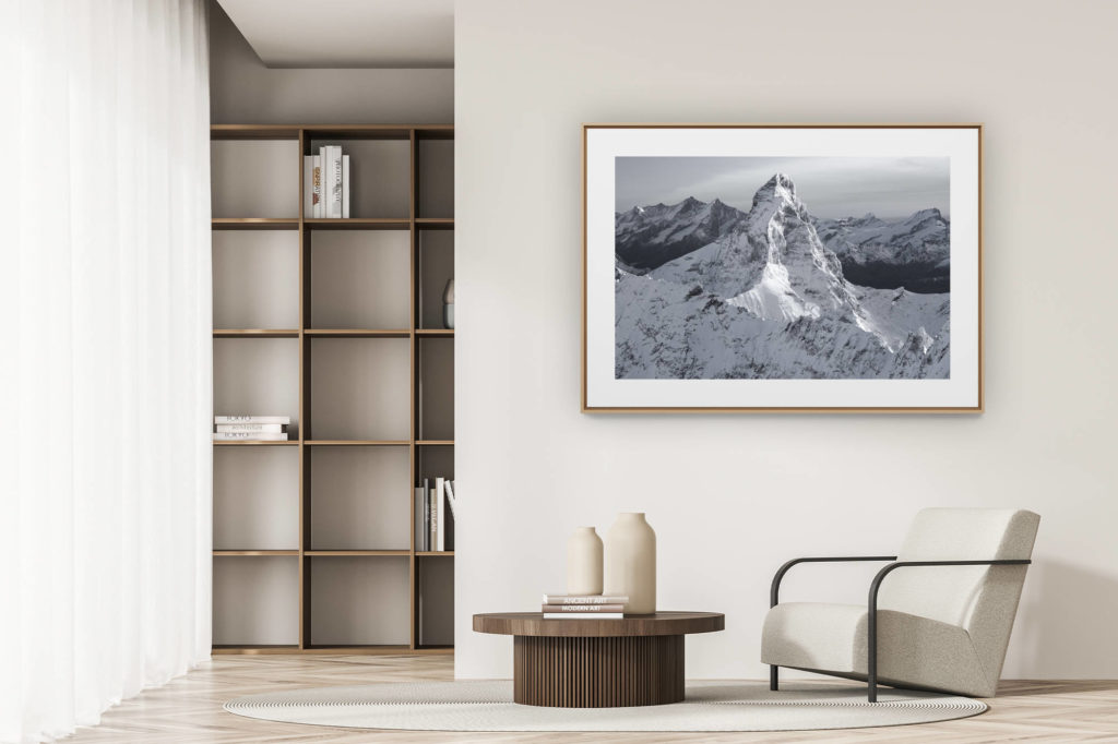 déco tendance salon moderne - photo montagne noir et blanc grand format - photo matterhorn paysage de montagne