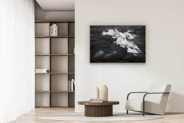 modern apartment decoration - art deco design - Black and white mountain photo of Moléson - Mountain photo Gruyère - Aerial photo of Vanils Moléson ridge