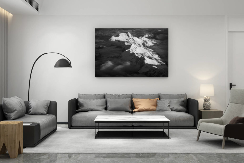 décoration salon contemporain suisse - cadeau amoureux de montagne suisse - Photographie de montagne noir et blanc du Moléson - Photo montagne Gruyère - Photo aérienne crête de Vanils Moléson