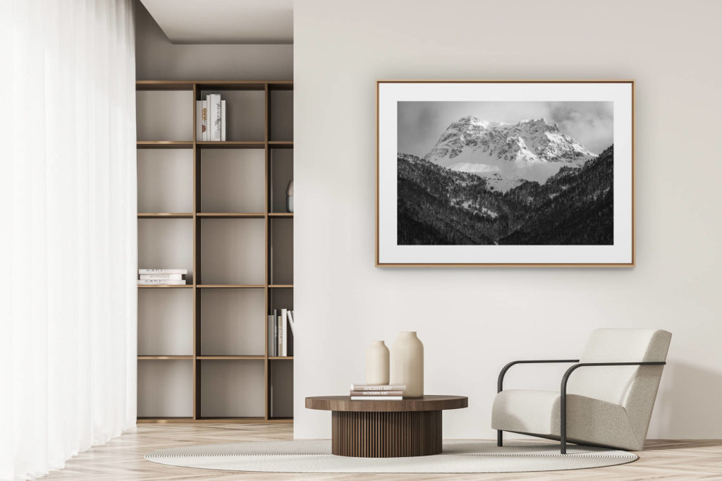 déco tendance salon moderne - photo montagne noir et blanc grand format - Le Toûno - St-Luc Val d'Anniviers - Images de haute montagne dans les Alpes Valaisannes Suisses