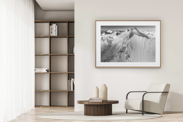 déco tendance salon moderne - photo montagne noir et blanc grand format - Dom des Mischabels et Lenzspitze - image paysage montagne neige Monte Rosa - Mont Cervin
