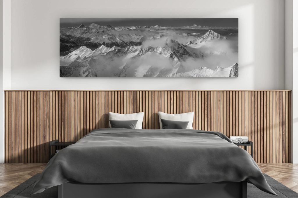 décoration murale chambre adulte moderne - intérieur chalet suisse - photo montagnes grand format alpes suisses - Panorama montagne suisse - Massifs montagneux de sommet des Alpes dans une mer de nuages