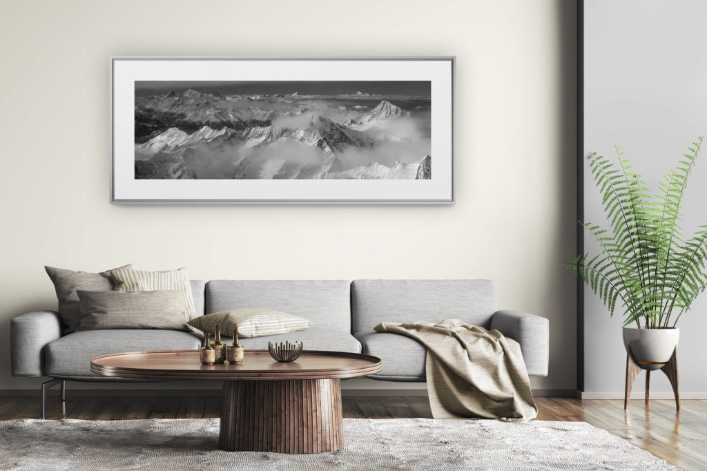 large size mountain picture - modern living room wall decor - Swiss mountain panorama - Mountainous massifs of summit of the Alps in a sea of clouds