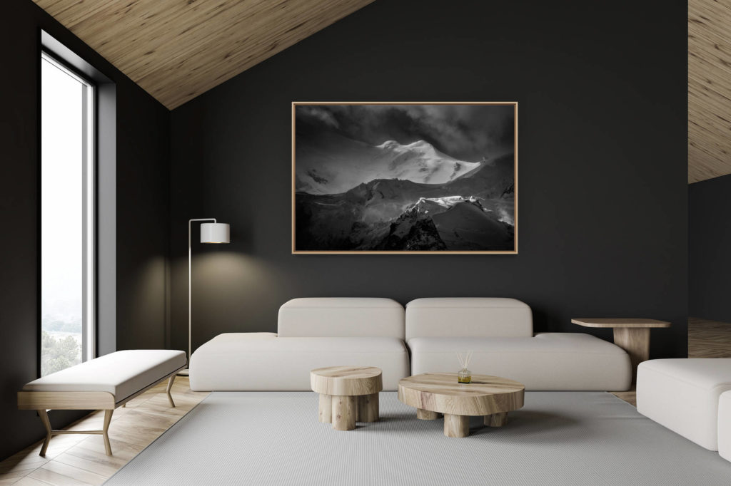 Dekoration Schweizer Chalet - Inneneinrichtung Schweizer Chalet - Bergfoto im Großformat - Mont Blanc Massiv - Les Bosses - Bergfoto schwarz und weiß